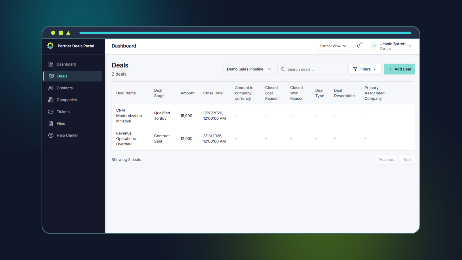 Partners can view their existing deals