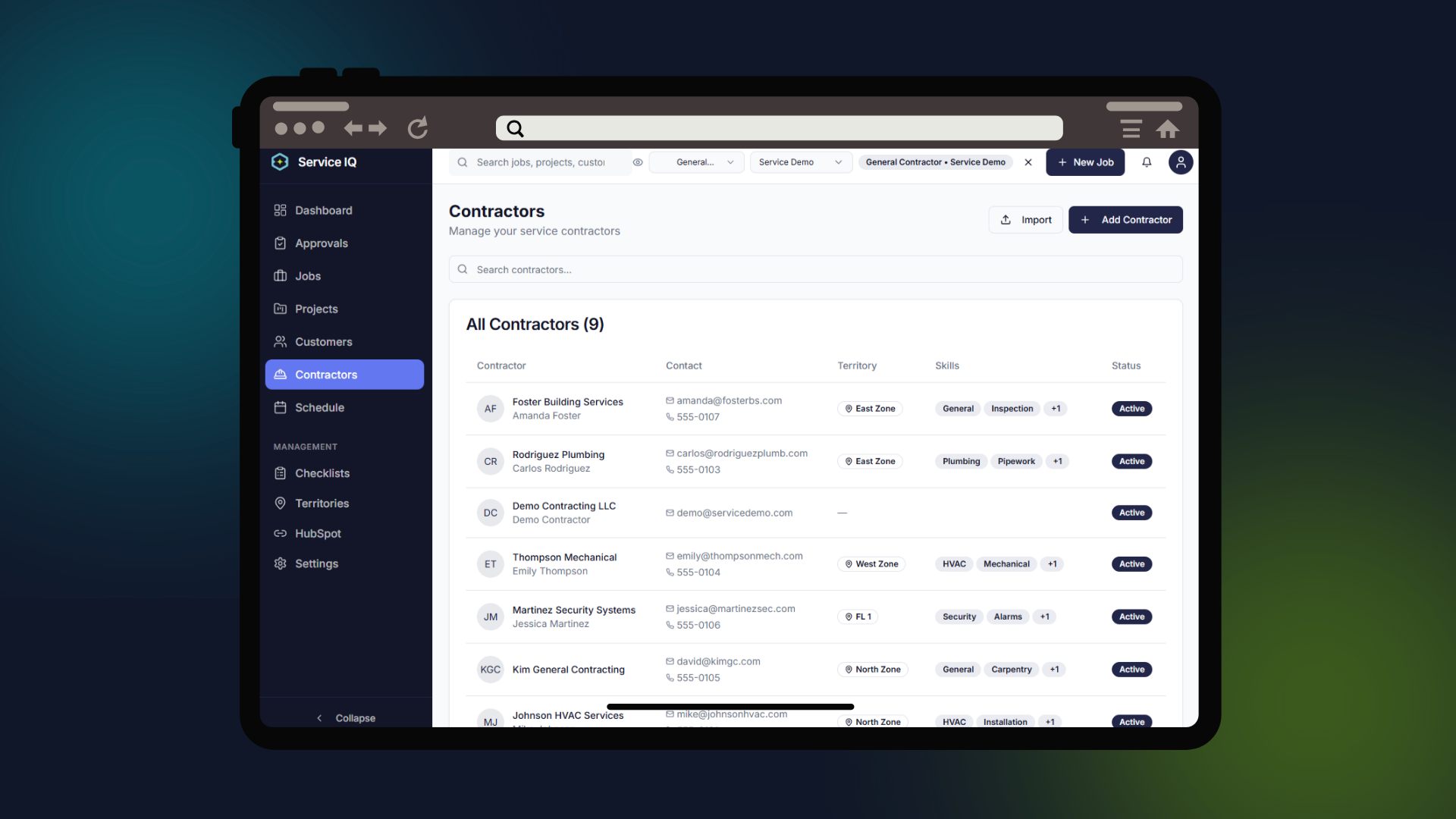 Field Service IQ contractor network view with territory map