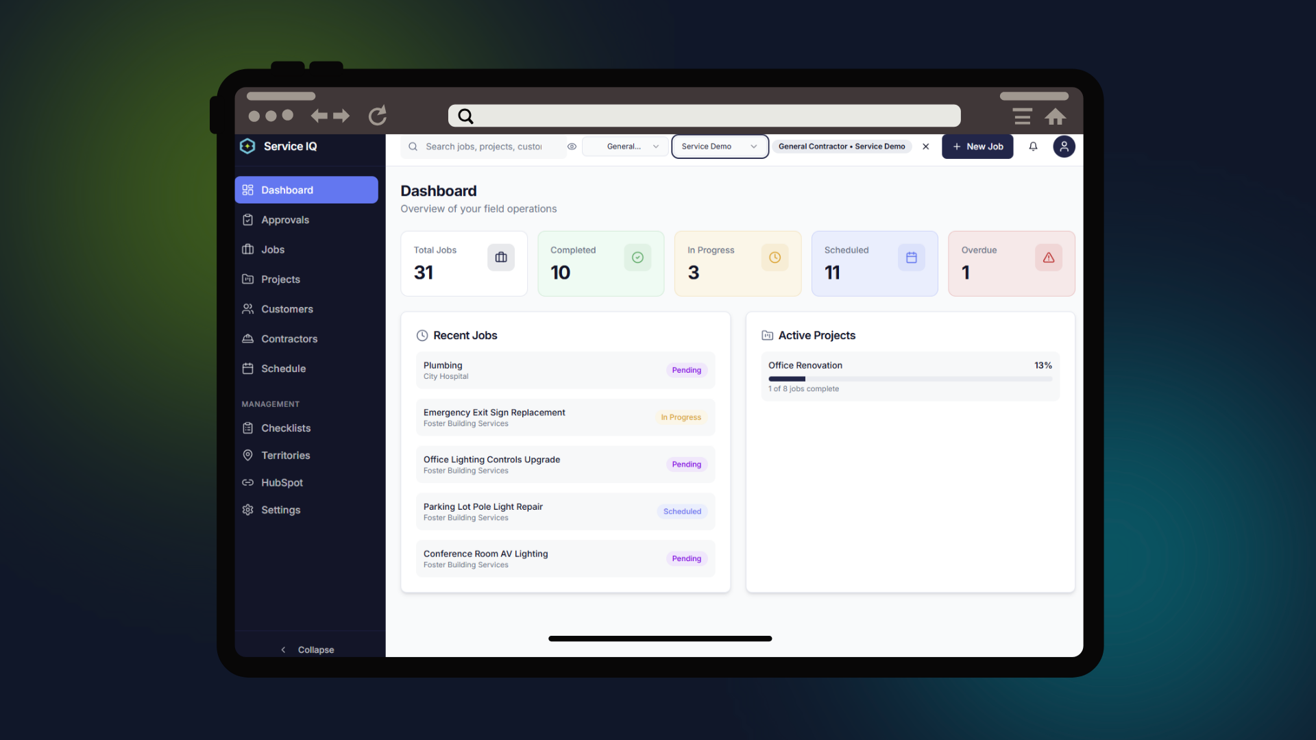Field Service IQ dashboard showing project progress, recent jobs, and team activity