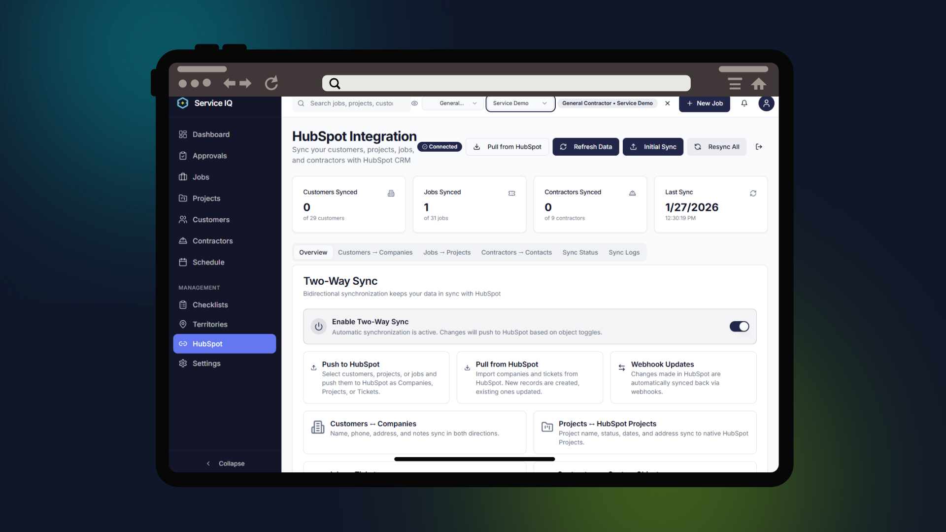 Field Service IQ HubSpot sync dashboard showing connected companies and sync status