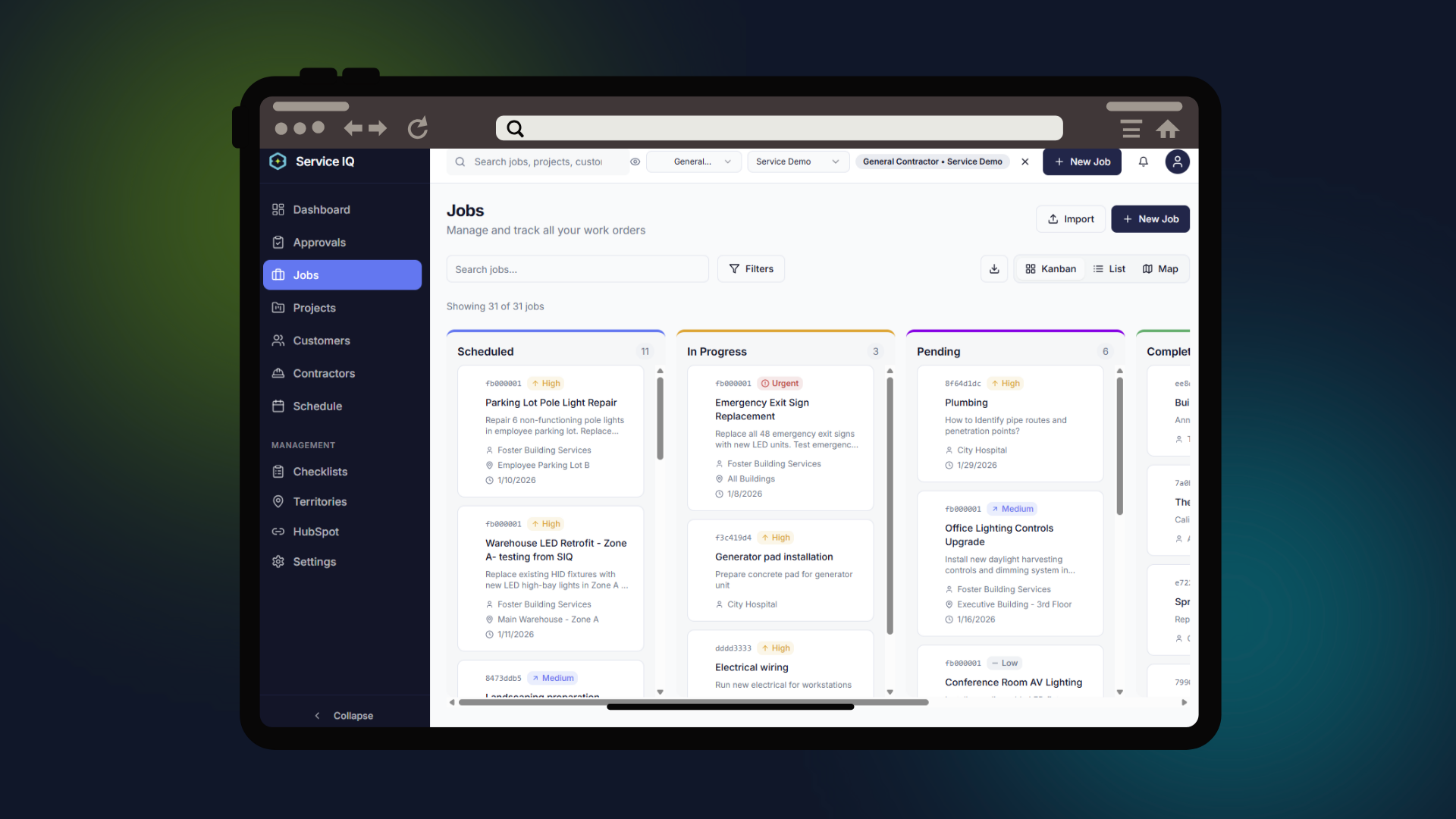 Field Service IQ job scheduling calendar with contractor assignments