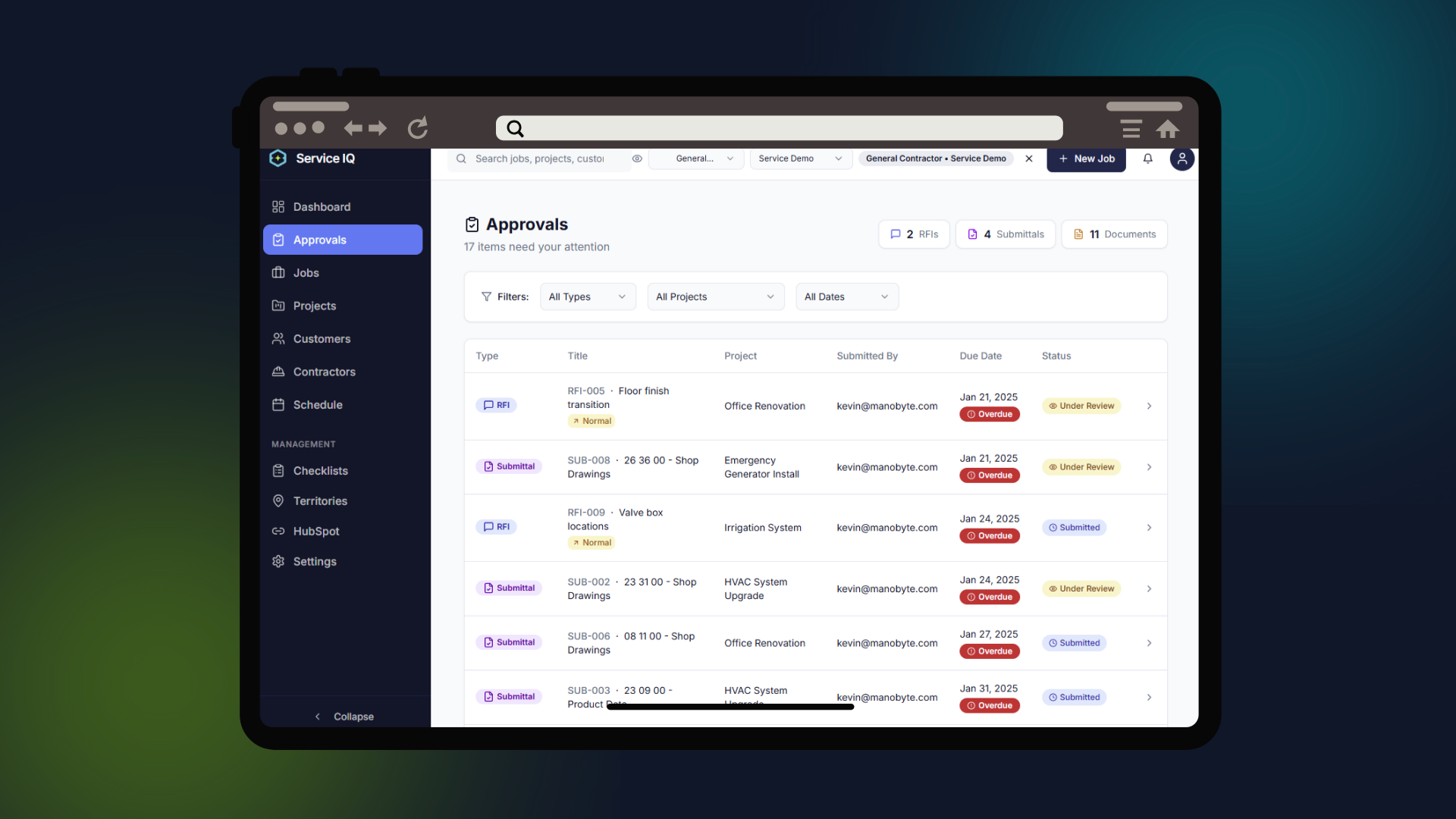 Field Service IQ RFI management dashboard with approval workflow